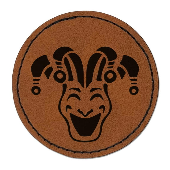 Jester Clown Joker Face Mardi Gras 2.5" Faux Leather Round Engraved Iron-On Patch - Brown