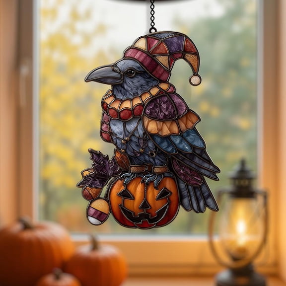 Jester Crow ACRYLIC Suncatcher with Colorful Hat and Pumpkin Faux Glass Halloween Window Decor for Whimsical Gothic and Spooky Fall Vibes