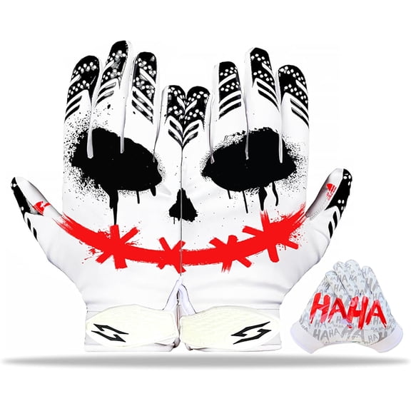 Jester Football Receiver Gloves White – White with Red Joker Smile Battle College Lineman Tacky Pro Grip Palms Football Gloves Men Adult Youth Kids Boys Unleash Your Venom (Youth XS)