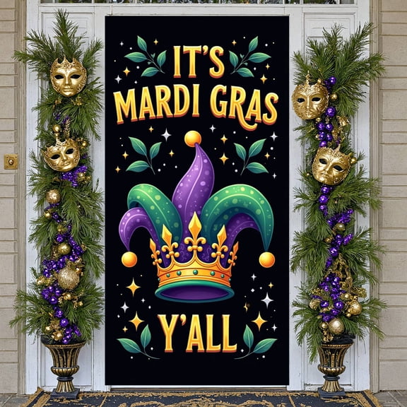 Jester Hat Mardi Gras Banner Gold Accents Carnival Display Green Leaves Sparkling Stars Festive Backdrop for Mardi Gras Party Carnival Celebration Indoor Decoration