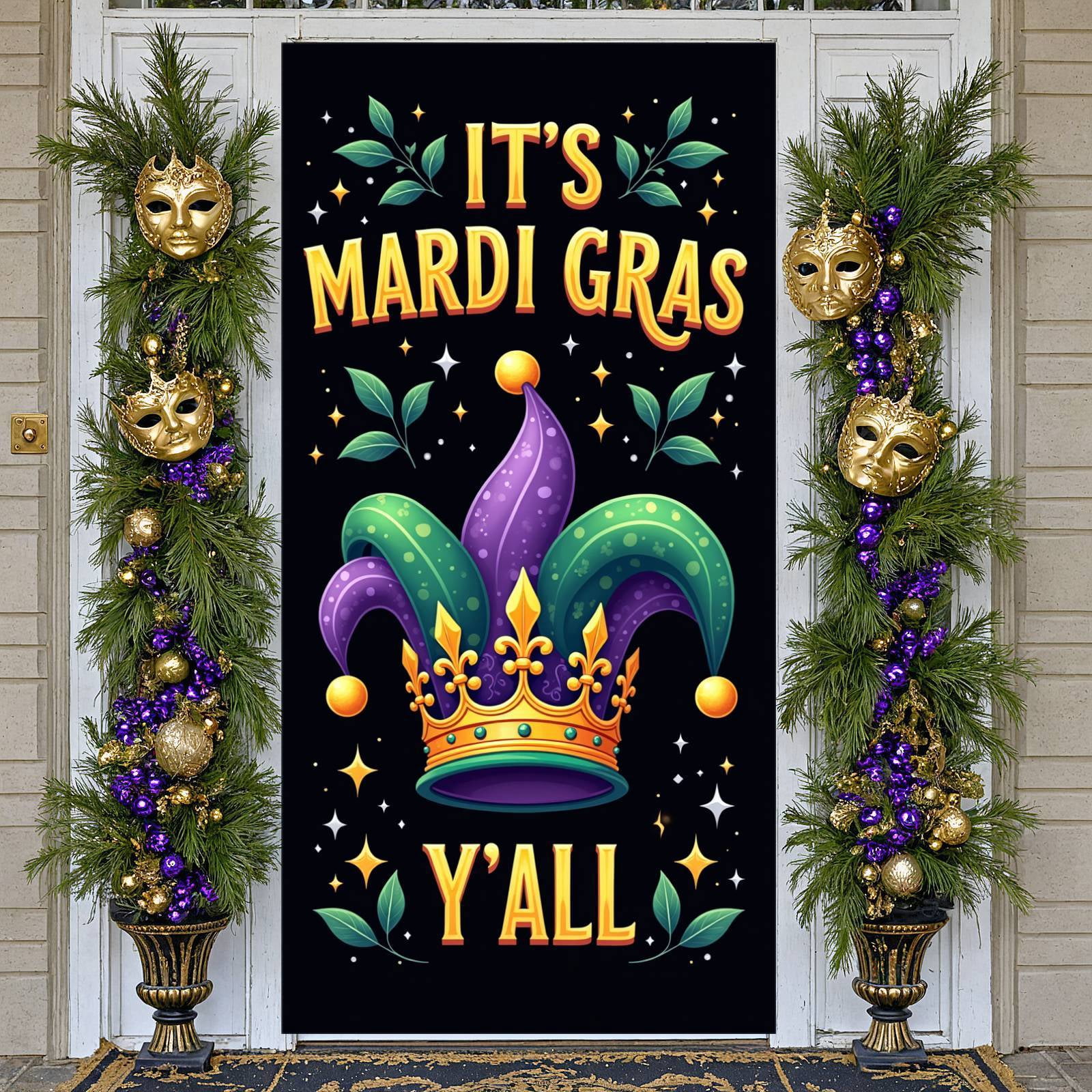 Jester Hat Mardi Gras Banner Gold Accents Carnival Display Green Leaves ...