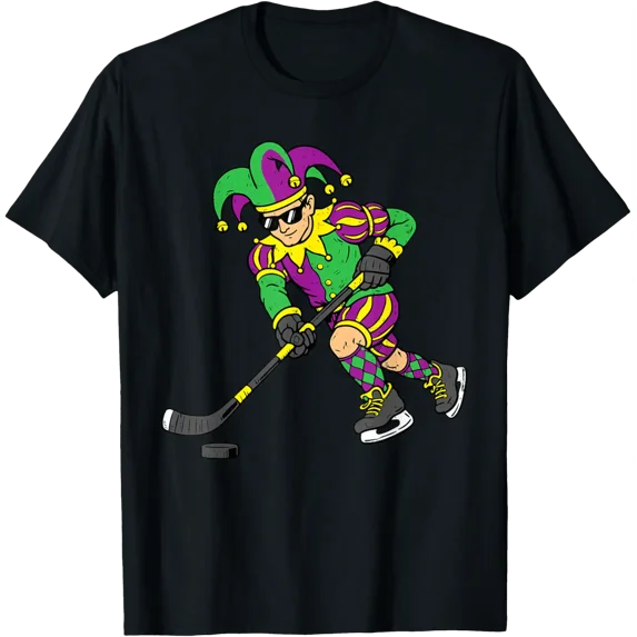Jester Playing Hockey Mardi Gras Carnival Sport Men Boy T-Shirt All Size S-5Xl