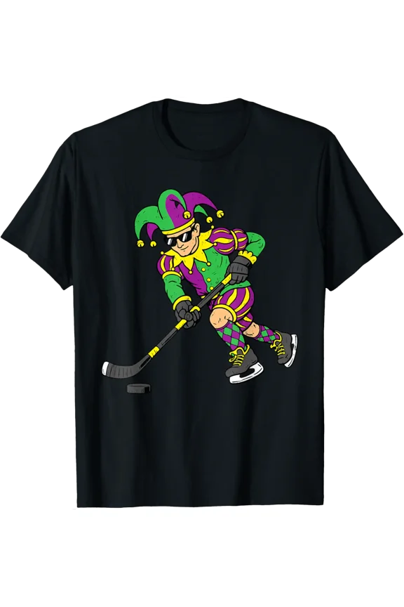 Jester Playing Hockey Mardi Gras Carnival Sport Men Boy T-Shirt All Size S-5Xl