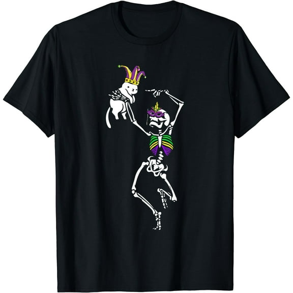 Jester Skeleton Dancing Cat Mardi Gras Mask Carnival Parade T-Shirt Mardi Gras Shake Your Bootie T-Shirt, Party Ready, Fun Design