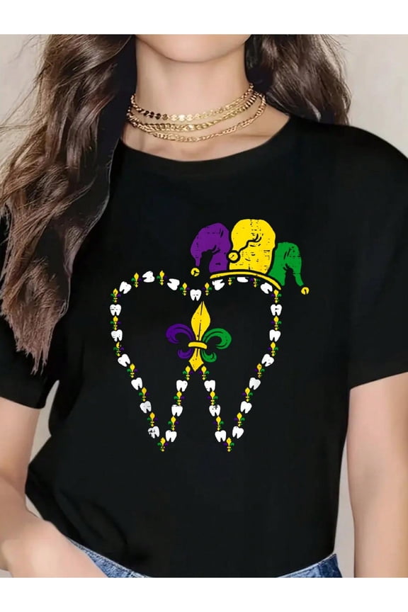 Jester Tooth Mardi Gras Teeth Dental Dentist T-Shirt - Soft 100% Cotton, Breathable, Short Sleeve, Casual, Summer Outdoor Essential For Men Women - Perfect For Daily Wear, Hiking, And Travel