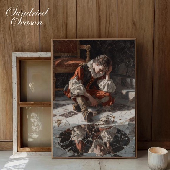 Jester and Shattered Mirror Mask Identity Symbolism Dramatic Art, Unframed Paper Poster 8x10in