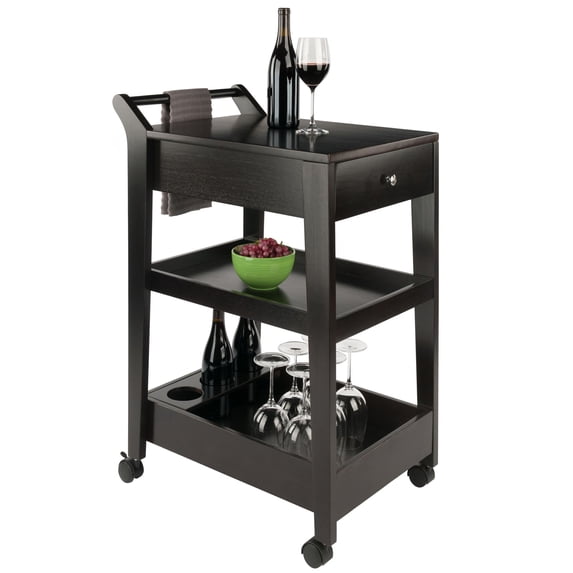 Jeston Espresso Wood Entertainment Cart with Removable Serving Tray, Wine Storage Rack, Dual Drawers, Locking Caster Wheels, Mobile Bar Cart for Kitchen & Dining Room