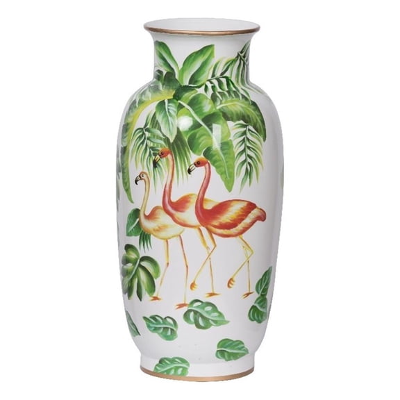 Jesu Decorative Botanical Flamingo Vase- White Green Porcelain- 16 Inch