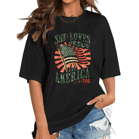 Jesus & America Shirts "SHE LOVES JESUS & AMERICA" Print T-shirts Christian Patriotic Graphic Tees Short Sleeve Faith Tops Black,XL