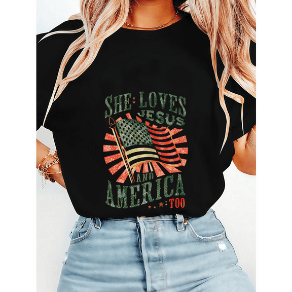 Jesus & America Shirts "SHE LOVES JESUS & AMERICA" Print Tshirts Christian Patriotic Graphic Tees Short Sleeve Faith Shirts Casual Tops Black,4XL