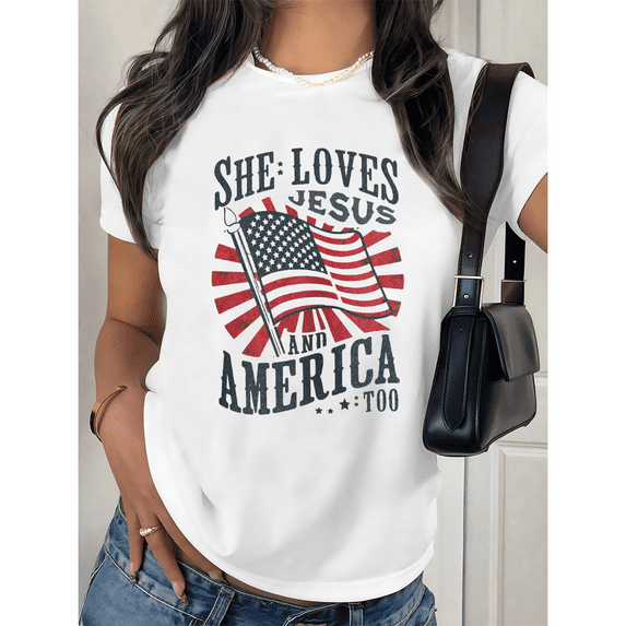 Jesus America Tee Christian T-Shirt Patriotic Graphic Top She Loves Faith Design Soft Cotton Comfort Fit Colors White S-5XL
