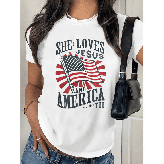 Jesus America Tee Christian T-Shirt Patriotic Graphic Top She Loves Faith Design Soft Cotton Comfort Fit Colors White S-5XL