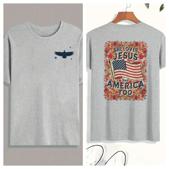 Jesus America Tee Christian T-Shirt Soft Short Sleeve Round Neck Cotton Comfort Fit Colors Gray S-3XL