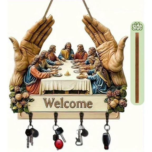 Jesus And Disciples Wall Art Keychain Key Wall Mount With 4 Metal Hooks Wooden Key Rack Organizer Religious Welcome Sign Gifts For Home Decor
