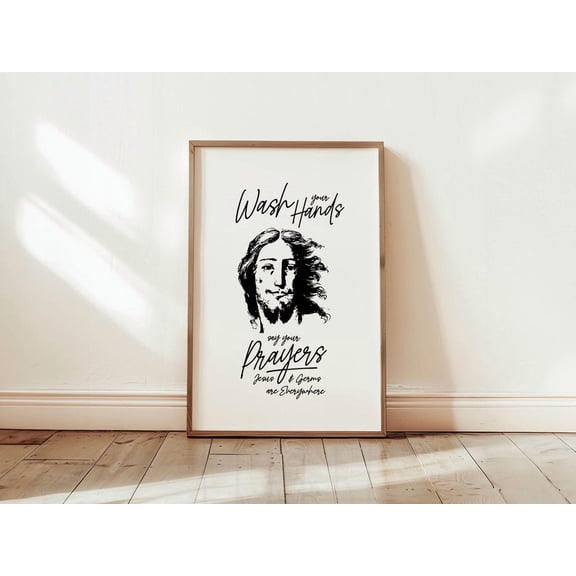 Jesus And Germs Bathroom Art Print Washroom Decor, Stretched Canvas 16x20in
