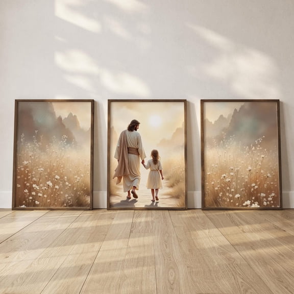 Jesus And Girl Triptych Art Christian Baptism Religious Decor Set 3 Unframed Paper Print 8x12