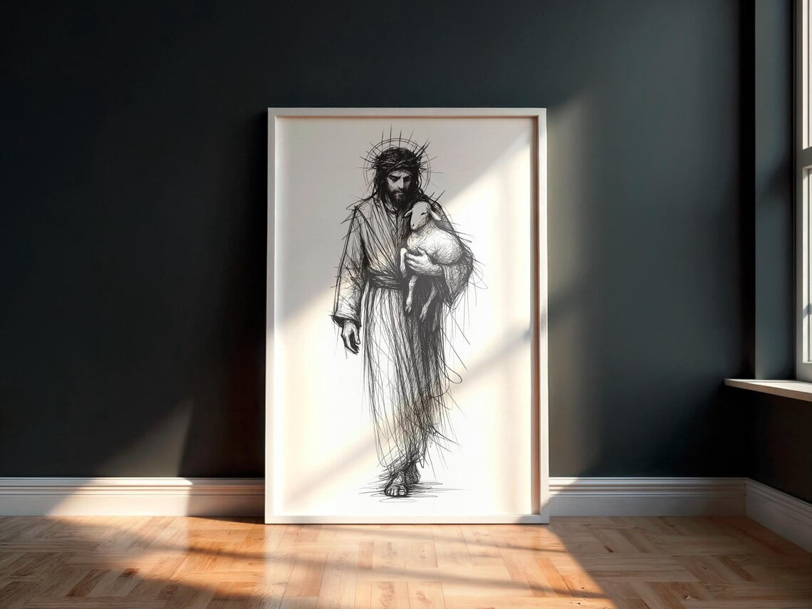 Jesus And Lamb Line Art Print Minimalist Christian Wall Decor Spiritual ...