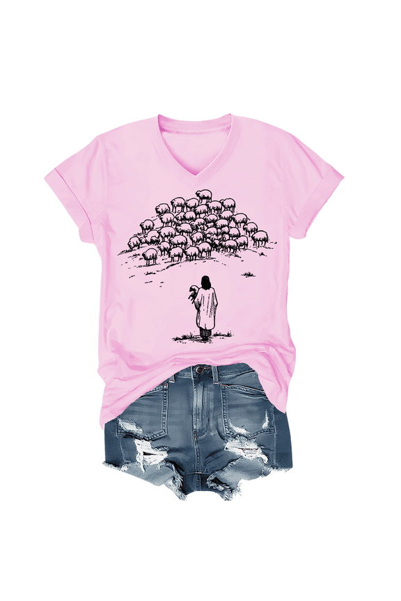 Jesus And Sheep Shirt V Neck, Christian Faith Graphic Tee For Men Women, Religious Graphic Casual Top