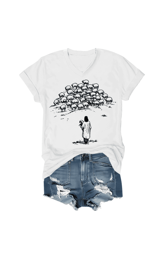 Jesus And Sheep Shirt V Neck, Christian Faith Graphic Tee For Men Women, Religious Graphic Casual Top