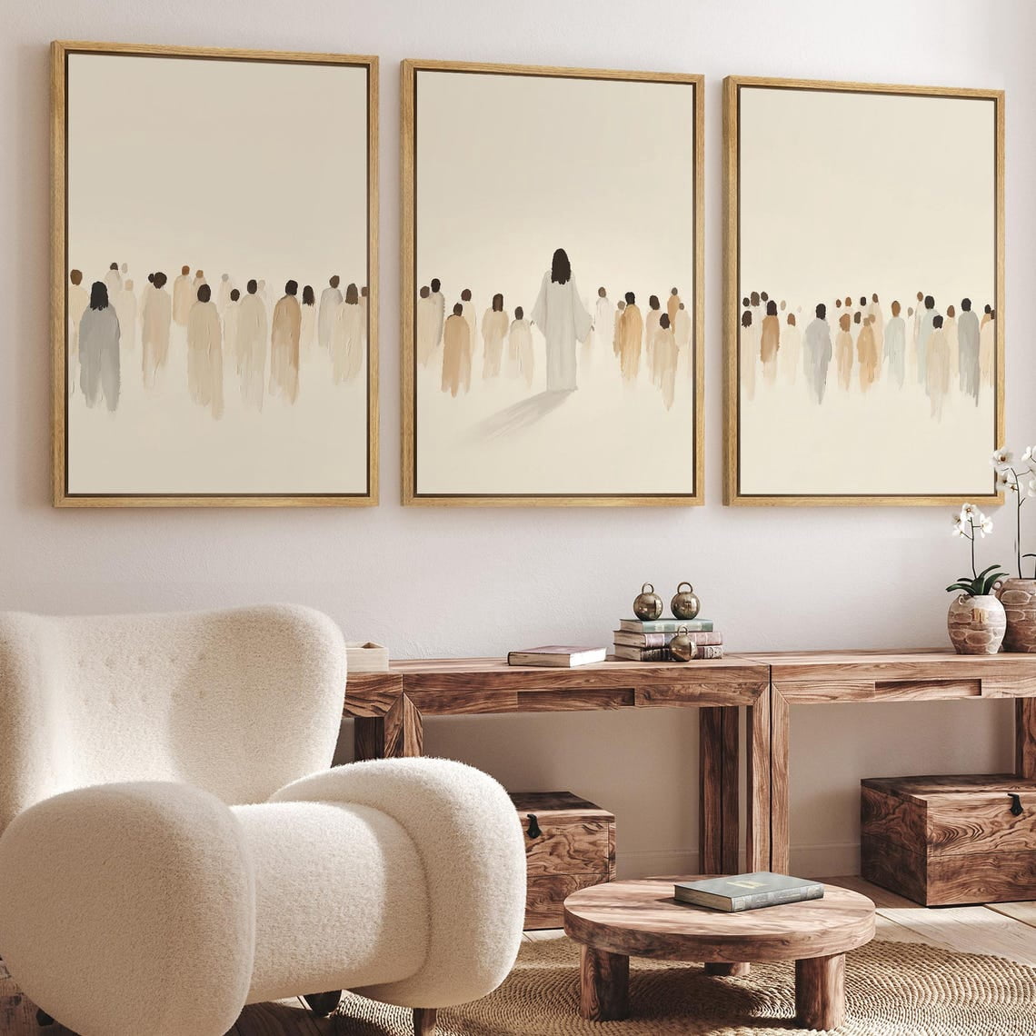 Jesus And The Crowd Wall Art Print Set, Beige Christian Church Decor ...