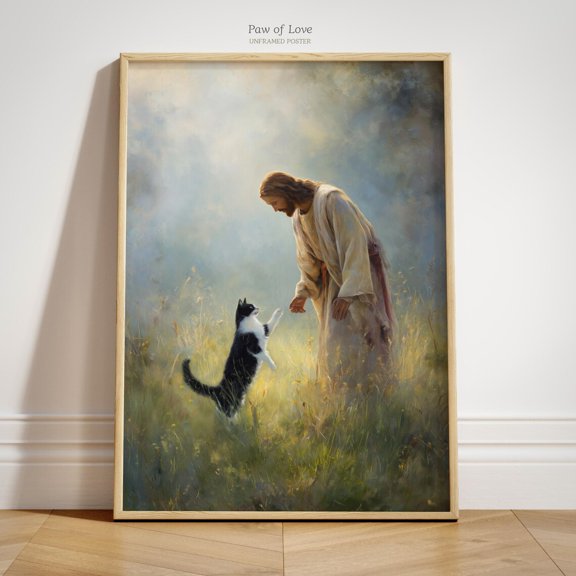Jesus And Tuxedo Cat Art Print, Cottagecore Decor, Christian Cat Memorial Poster