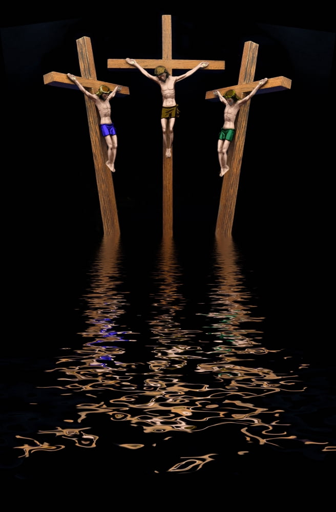 Jesus And Two Thieves On The Cross Canvas Art - John Short Design Pics (26 x 40)
