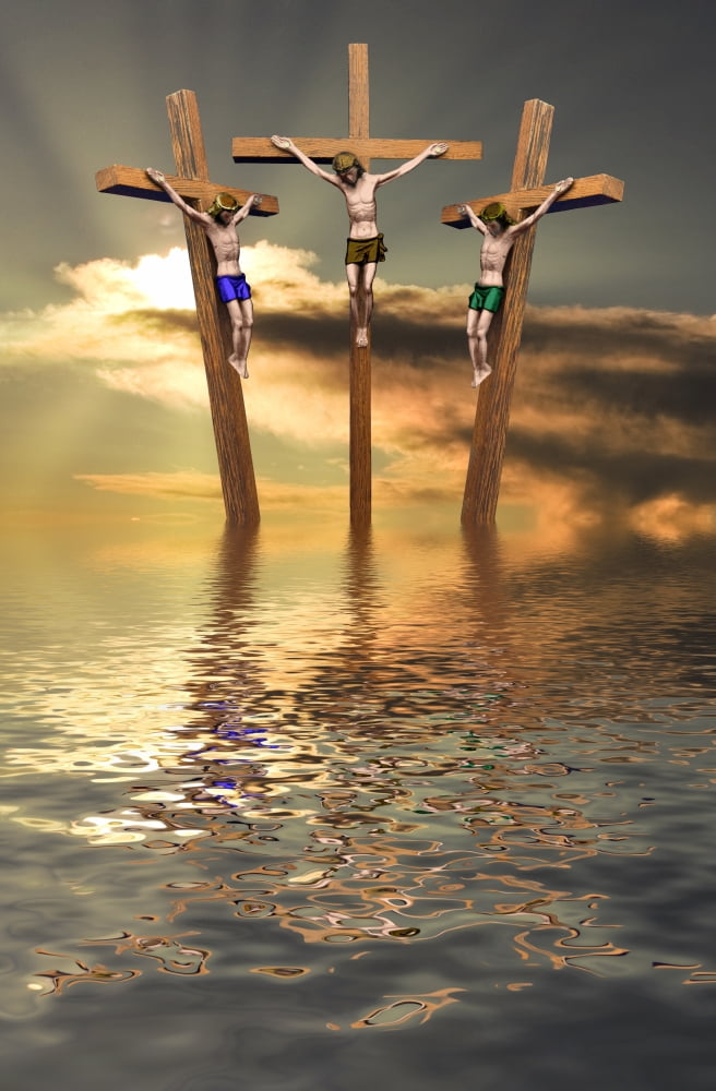 Jesus And Two Thieves On The Cross Canvas Art - John Short Design Pics (26 x 40)