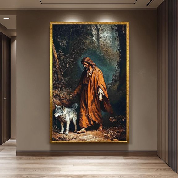 Jesus And Wolf Print Spiritual Shepherd Faith Based Home Decor, Unframed Paper Poster 8x10in