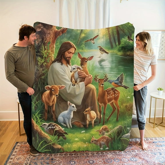 Jesus & Animals Print Flannel Throw Blanket Lightweight All-Season Durable & Tear-Resistant Multi-Purpose Cover with Serene Outdoor Scene of Jesus Holding Lambs and Deer in Nature