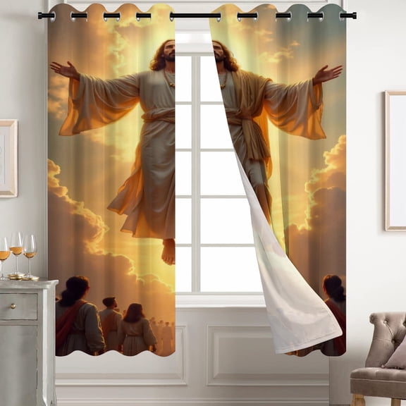 Jesus Ascension to Heaven Followers Golden Light Clouds Grommet Curtains, Christian Religious Window Drapes for Bedroom Living Room