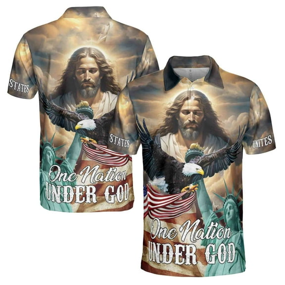 Jesus Aurole One Nation Under God America Statue of Liberty Men's Polo Shirt S-5XL