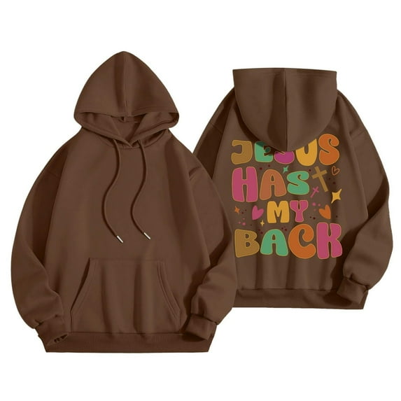 Jesus Has My Back Hoodie Christian Faith Sweatshirt for Teen Girls Long Sleeve Jesus Hoodie Bible Verse Sweater Oversized Religious Sayings Pullover Hoodies Brown M