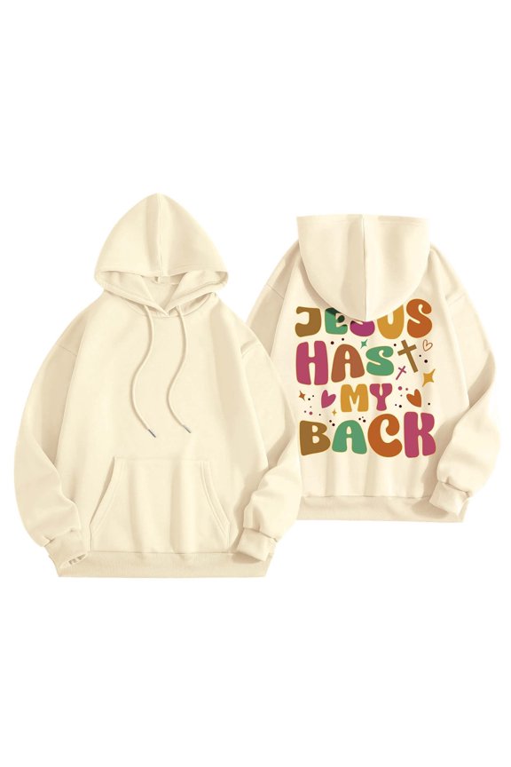 Jesus Has My Back Hoodie for Women Christian Sweatshirt Long Sleeve Jesus Hoodie Christian Religious Sayings Pullover Sweater Oversized Bible Verse Sweatshirts Khaki L