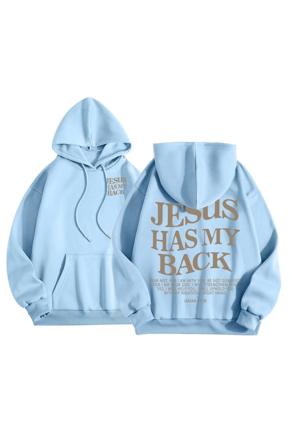 Jesus Has My Back Hoodie for Women Christian Sweatshirt Long Sleeve Jesus Hoodies Bible Verse Shirts Oversized Religious Sayings Pullover Hoodies Light Blue S