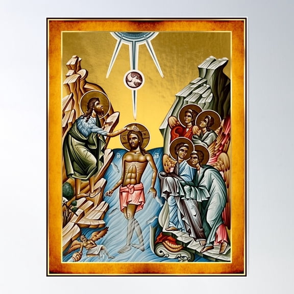 Jesus Baptism Icon Gold Byzantine Style Poster Wall Art, Modern Wall Decor For Living Room Bedroom, 16x24 UNFRAMED