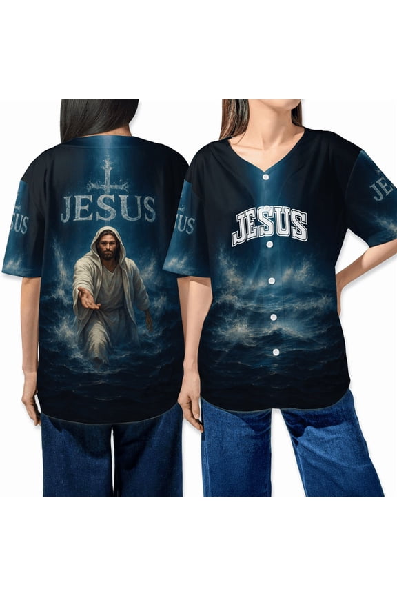 Jesus Baseball Jersey Shirt – Christian Religious Apparel with Jesus on Water Design – Faith-Based Unisex Christian Gift