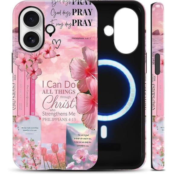 Jesus Bible Verses Phone Case for iPhone 17 6.3", Pink Coquette Jesus Case, God's Grace Scripture Collage Cover Compatible with MagSafe Hard PC TPU 2 in 1 Drop Resistant Glossy