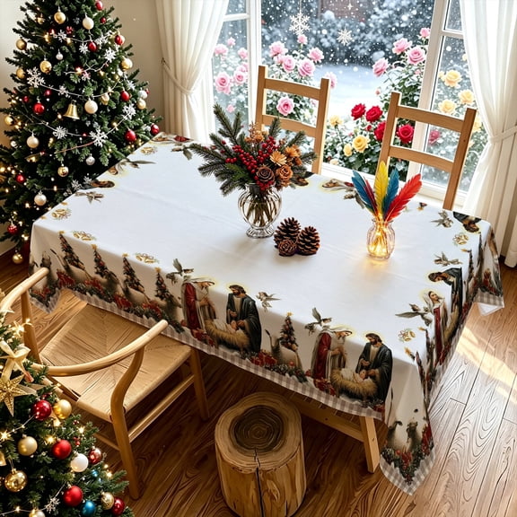 Jesus Birth Religious Dove Pine Pattern Rectangular Tablecloth, Polyester, For Dining Table, Indoor Farmhouse Holiday Decor