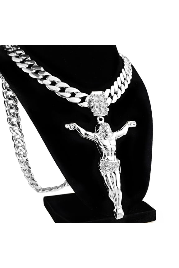 Jesus Body Pendant 3.5" Crucifix Charm 33" Inch Cuban Link Hip Hop Chain Silver Tone Necklace