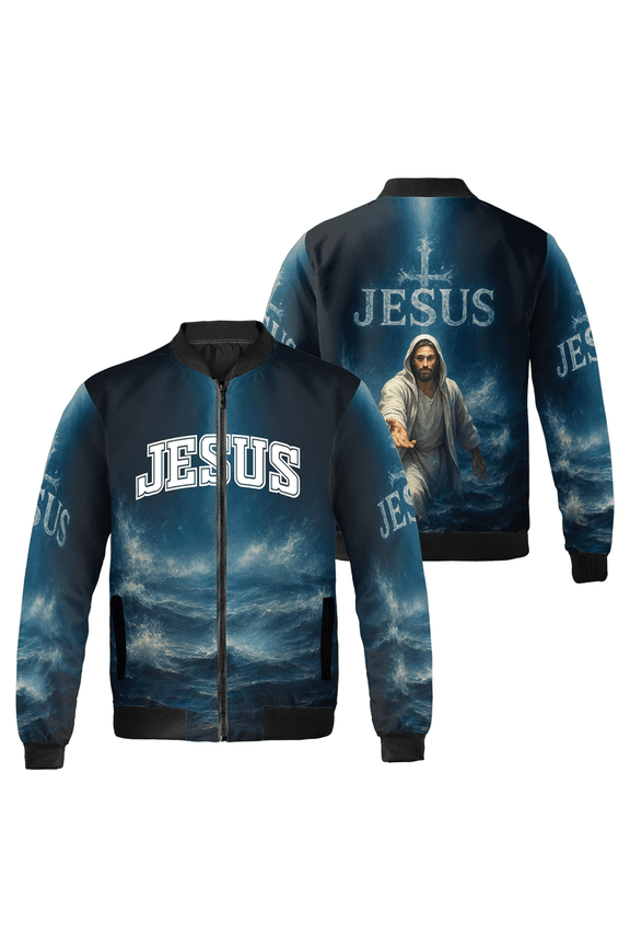 Jesus Bomber Jacket - Christian Religious Faith Apparel Unisex Walking on Water Design Gift for Men and Women