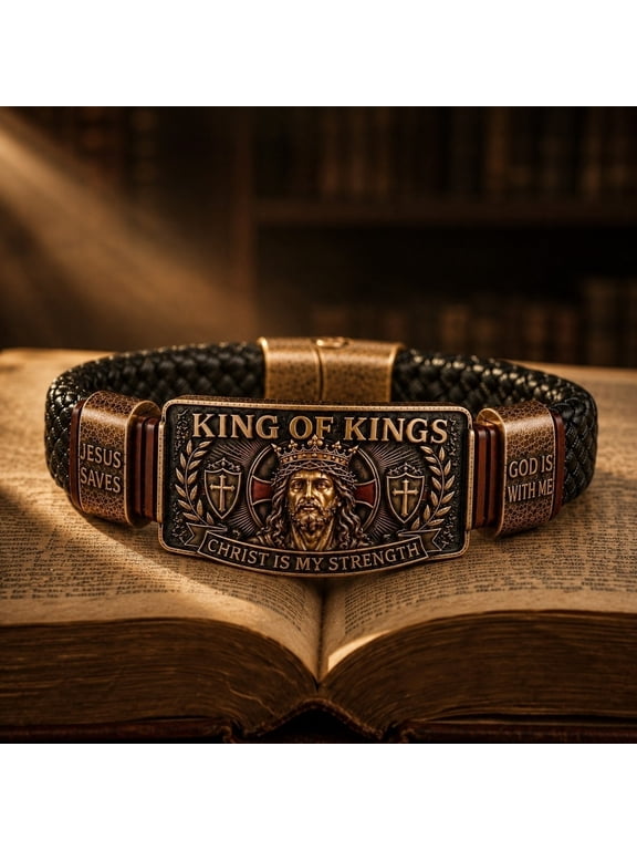 Jesus Bracelets with Engraved King of Kings, Copper Leather Bracelet with Inspirational Bible Verse - Christ Is My Strength, Meaningful Christian Bracelet For Men
