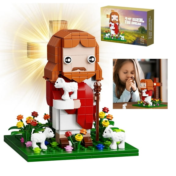 Jesus Building Block Set with LED Light, Bible Story Shepherd God Easter Gifts for Kids(331Pcs)