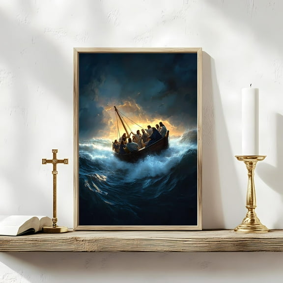 Jesus Calms The Storm, Christian Ocean Scene, Faith In The Storm Print, Bible Boat Miracle Wall Art, Disciples In The Sea Wall Art, Modern Wall Decor, 16x24 UNFRAMED