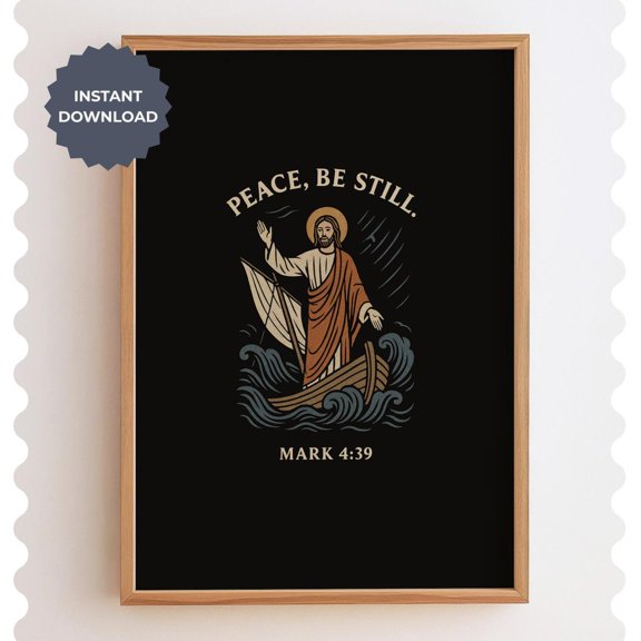 Jesus Calms Storm Print, Mark 4:39 Bible Verse Art Unframed Paper Print