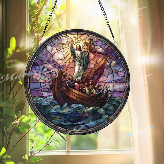 Jesus Calms the Storm Glass Suncatcher, Round Religious Panel, Faith Decor, 6.3 in