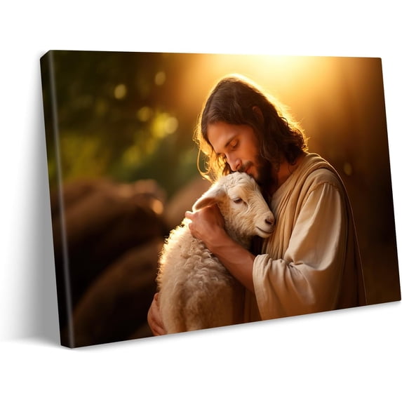 Jesus Canvas Print Wounded Lamb Soothed Christian Inspirational Wall Art Embrace of Divine Love Religious Framed Painting for Home Living Room Bedroom Decoration 16x12in