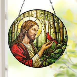 Jesus With Cardinal Glass Suncatcher, Memorial Suncatcher, Sympathy Gift, Religious Gift, Faith Gift, Inspirational Christian Decor, Suncatcher Window Hanging, 7.9 in