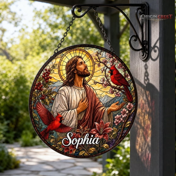 Jesus Cardinal Stained Glass Suncatcher, Christian Memorial Window Hanging, Religious Sympathy Gift, Red Bird Heaven Decor, Faith Loss Ornament