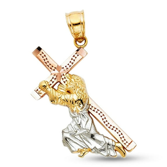 Jesus Carrying Cross Pendant Solid 14k Yellow White Rose Gold Religious Charm Tri Color 25 x 20 mm