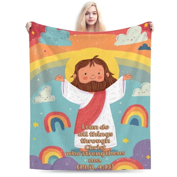 Jesus Cartoon Throw Blanket, Bible Verse Gift, Soft Plush Design 50x40